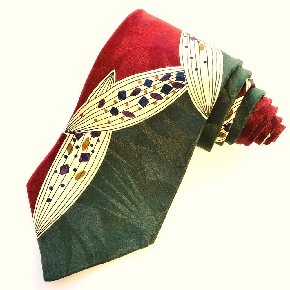 Vintage Bugatti Art Deco Abstract Green/Red/Cream 100% Silk Men’s Necktie EUC